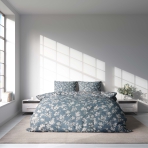 Sateen Bedding Set „Meadow“. Bedding sets with plants, 140x200 cm, 200x200 cm, 200x220 cm. Bedding ensemble in serene grey-blue with light brown floral accents for a calming vibe