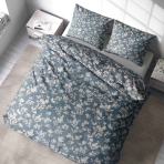 Sateen Bedding Set „Meadow“. Bedding sets with plants, 140x200 cm, 200x200 cm, 200x220 cm. Subdued grey-blue bedding featuring light brown floral motifs for a refined touch