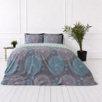 Sateen Bedding Set „Medallions“. Bedding sets 135x200, 140x200 cm, 200x200 cm, 200x220 cm. Grey blue bedding with a decorative round floral pattern