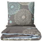 Sateen Bedding Set „Medallions“. Bedding sets 135x200, 140x200 cm, 200x200 cm, 200x220 cm. Grey bedding with light blue and cream mandala patterns