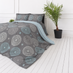 Sateen Bedding Set „Medallions“. Bedding sets 135x200, 140x200 cm, 200x200 cm, 200x220 cm. Cotton satin bedding set with grey and light blue ornaments