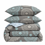 Sateen Bedding Set „Medallions“. Bedding sets 135x200, 140x200 cm, 200x200 cm, 200x220 cm. Grey bedding with light blue and cream mandala patterns