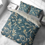 Sateen Bedding Set „Myrtle Tangle“. Bedding sets 150x200, 140x200 cm, 150x200 cm, 160x200 cm, 180x200 cm, 200x200 cm, 200x220 cm. Greenish-blue bedding set decorated with beige flowers