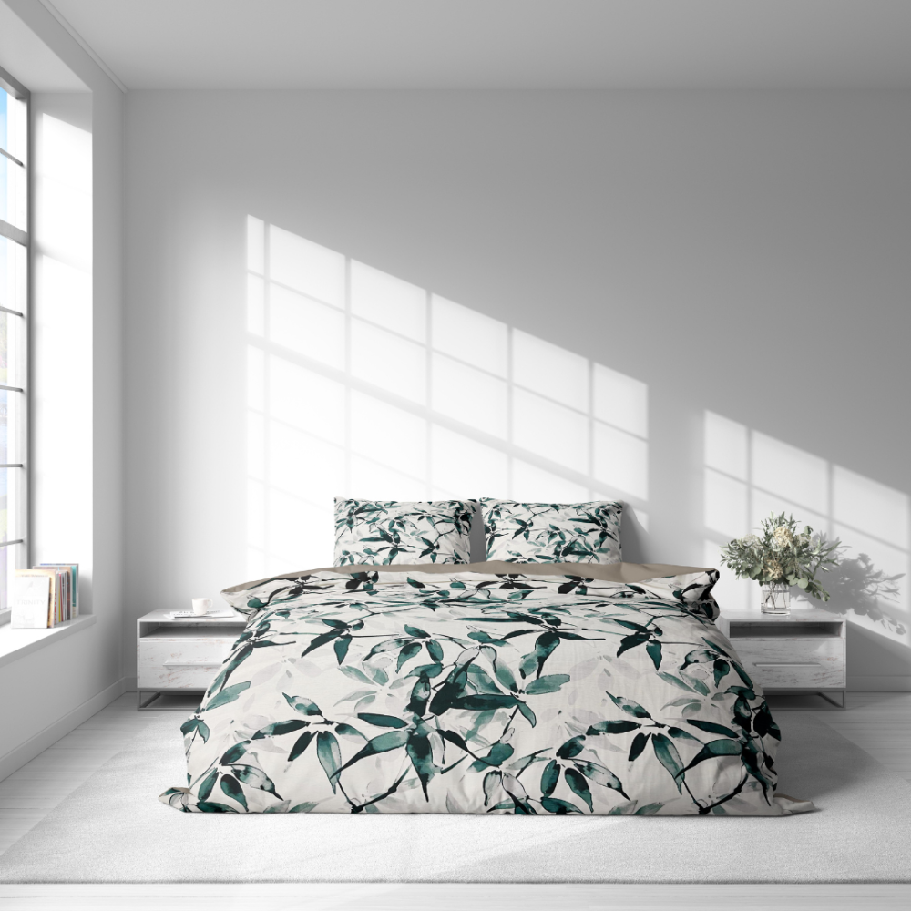Sateen Bedding Set „Nature’s Sketch“. Green bedding set, 140x200 cm, 200x200 cm, 200x220 cm