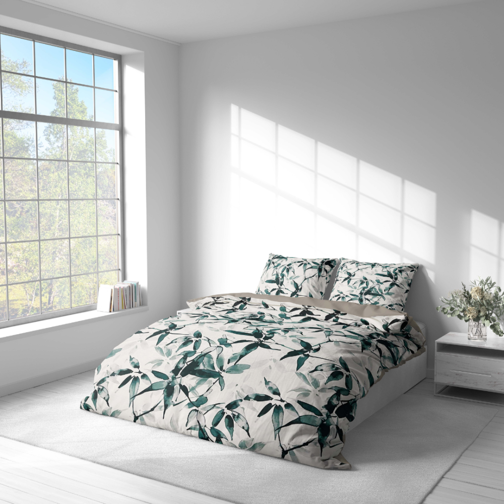 Sateen Bedding Set „Nature’s Sketch“. Green bedding set, 140x200 cm, 200x200 cm, 200x220 cm