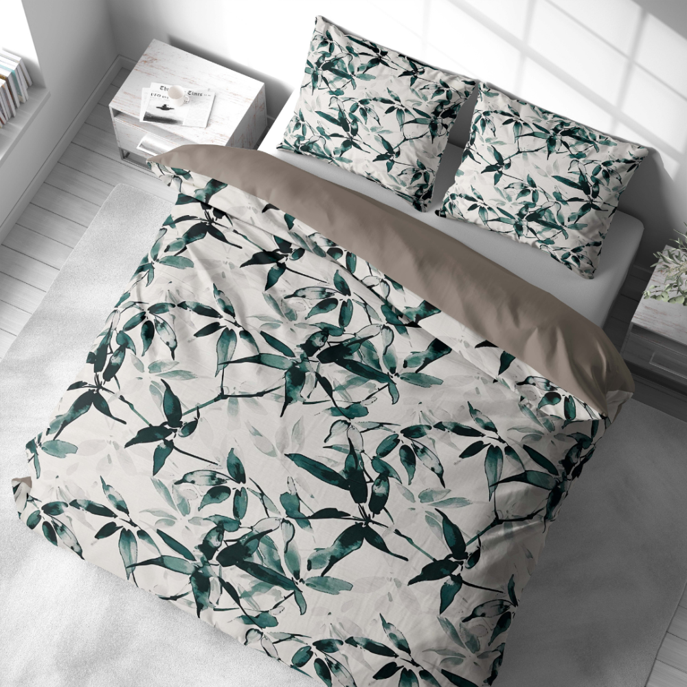 Sateen Bedding Set „Nature’s Sketch“. Green bedding set, 140x200 cm, 200x200 cm, 200x220 cm