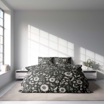 Sateen Bedding Set „Night Flowers“. Bedding sets 155x200, 140x200 cm, 200x200 cm, 200x220 cm. Elegant black bedding set featuring charming white country floral design.