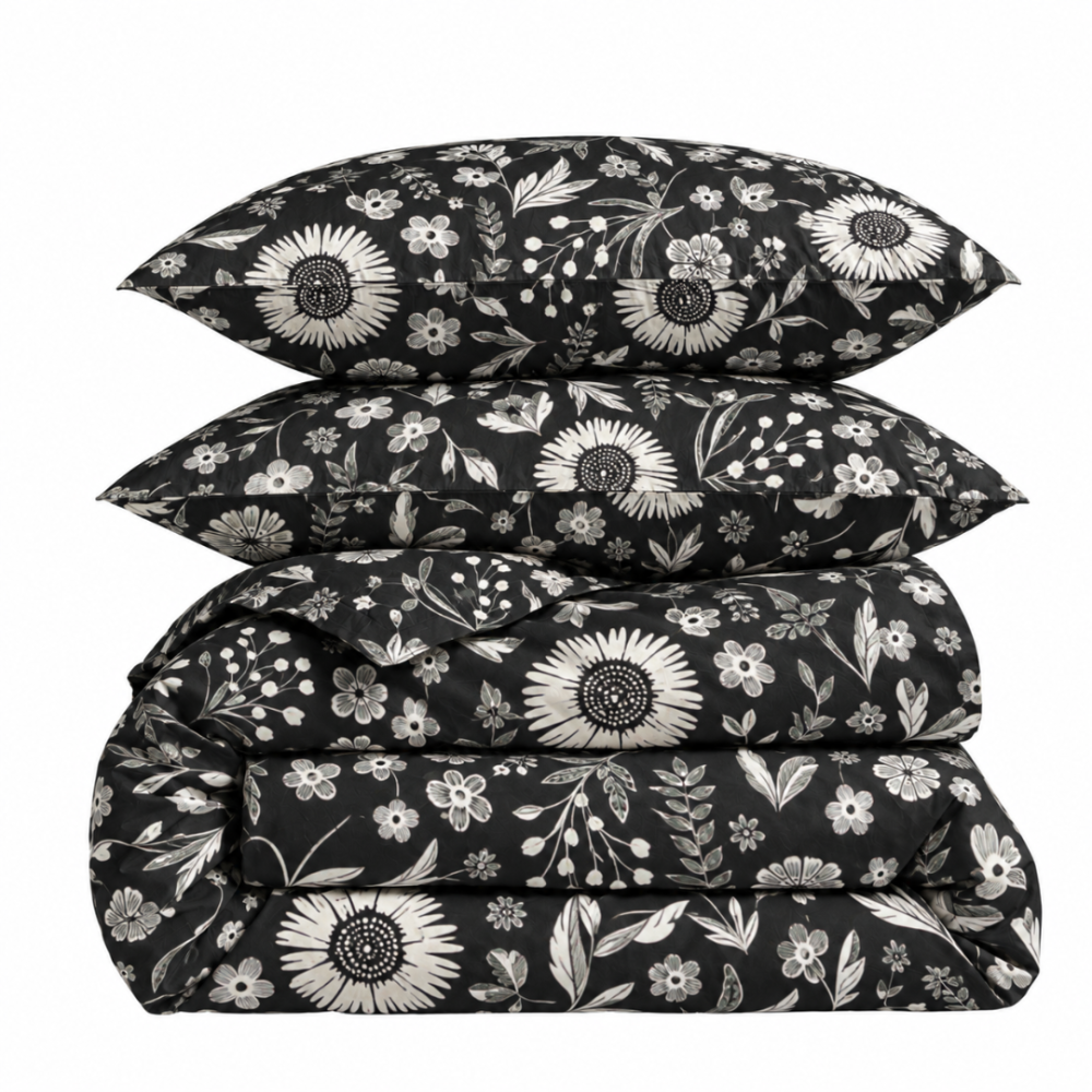 Sateen Bedding Set „Night Flowers“. Bedding sets 155x200, 140x200 cm, 200x200 cm, 200x220 cm. Stylish black bedding set adorned with delicate white country flowers. Sateen Bedding Set „Night Flowers“. Bedding sets 155x200, 140x200 cm, 200x200 cm, 200x220 cm. Stylish black bedding set adorned with delicate white country flowers.