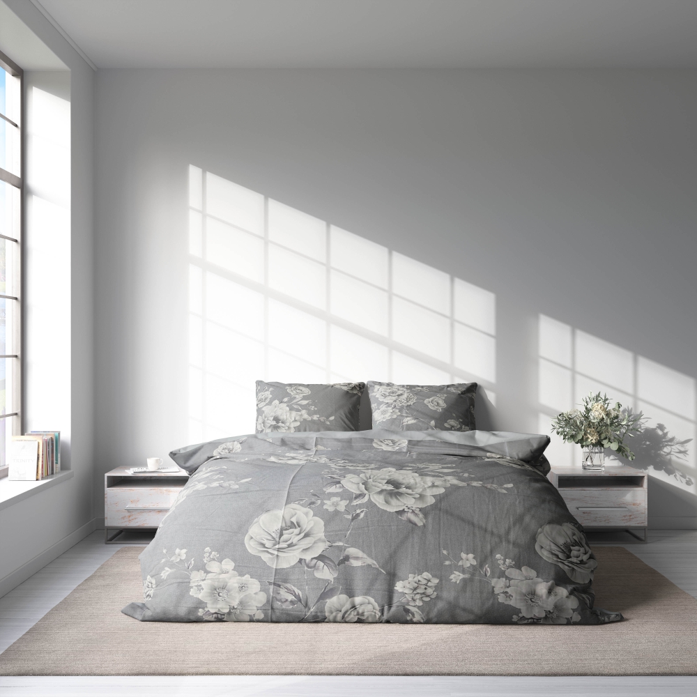 Sateen Bedding Set „Pivoine“. Gray bedding sets, 140x200 cm, 200x200 cm, 200x220 cm