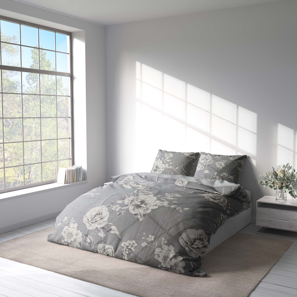 Sateen Bedding Set „Pivoine“. Gray bedding sets, 140x200 cm, 200x200 cm, 200x220 cm