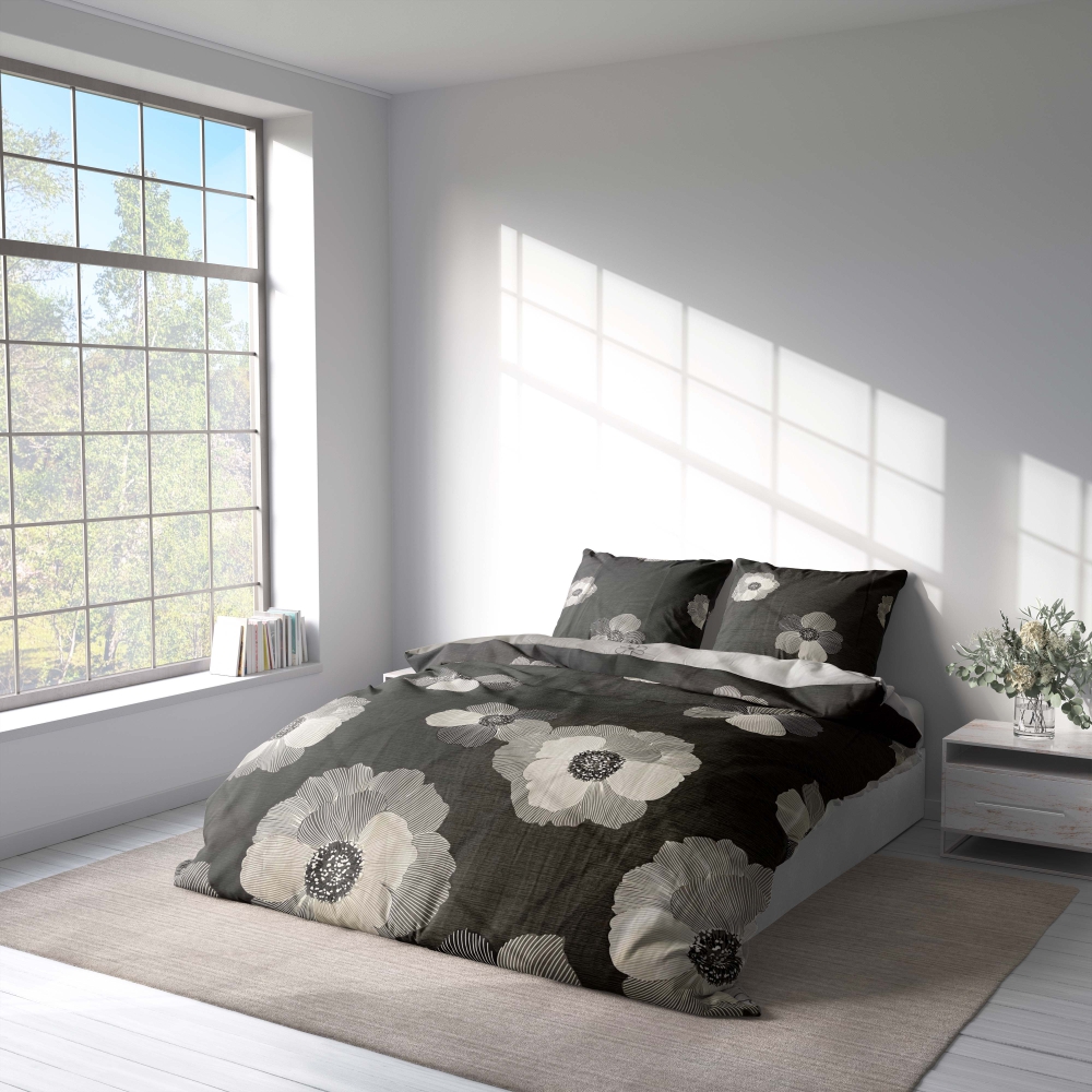 Sateen Bedding Set „Poppiescape“. Bedding sets with plants, 140x200 cm, 200x200 cm, 200x220 cm