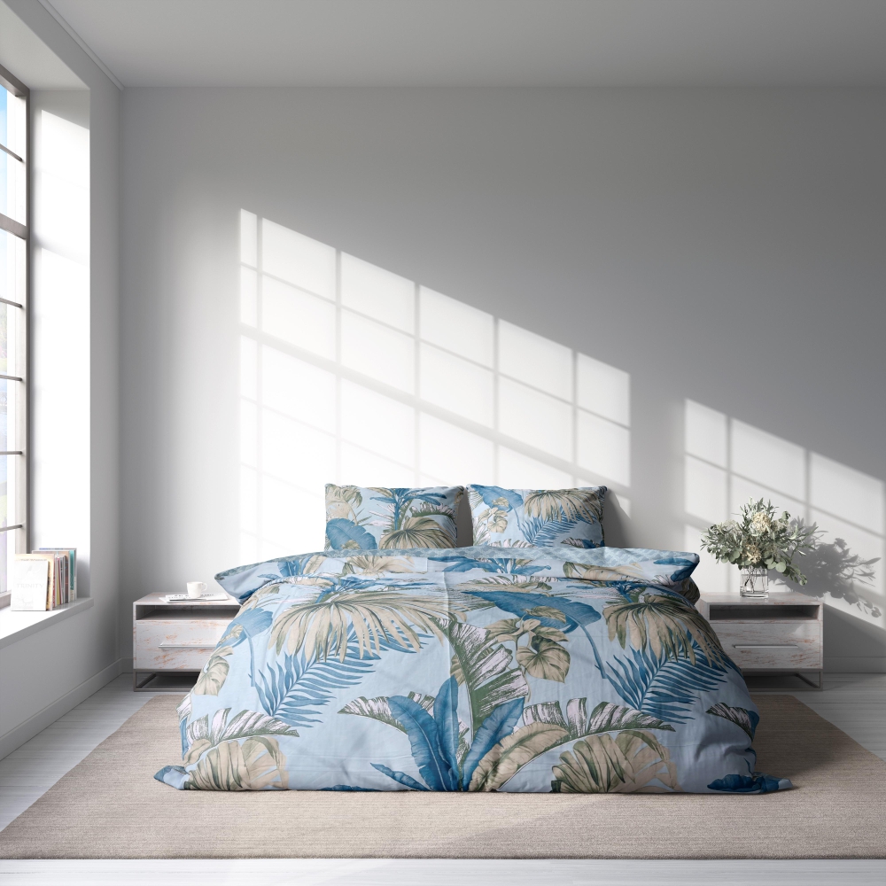 Sateen Bedding Set „Rainforest“. Blue bedding sets, 140x200 cm, 150x200 cm, 160x200 cm, 180x200 cm, 200x200 cm, 200x220 cm