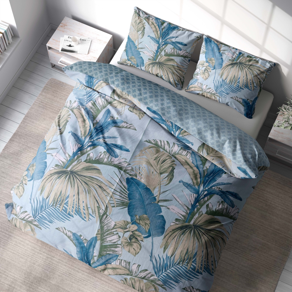 Sateen Bedding Set „Rainforest“. Blue bedding sets, 140x200 cm, 150x200 cm, 160x200 cm, 180x200 cm, 200x200 cm, 200x220 cm