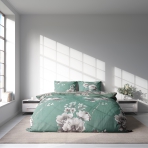 Sateen Bedding Set „Sage Whisper“. Patterned bedding sets, 140x200 cm, 150x200 cm, 160x200 cm, 180x200 cm, 200x200 cm, 200x220 cm. Stylish green bedding set with intricate grey floral and leaf patterns for a sophisticated touch.