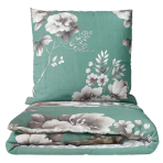 Sateen Bedding Set „Sage Whisper“. Patterned bedding sets, 140x200 cm, 150x200 cm, 160x200 cm, 180x200 cm, 200x200 cm, 200x220 cm. Green bedding set with grey flowers and leaves, adding a touch of nature to your bedroom decor.