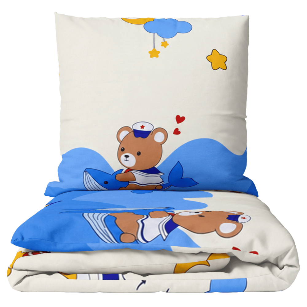 Premium Sateen Bedding Set "Sailor“. Bedding sets 135x200, 140x200 cm. Cream bedding set with blue waves, yellow moons and stars. Premium Sateen Bedding Set "Sailor“. Bedding sets 135x200, 140x200 cm. Cream bedding set with blue waves, yellow moons and stars.