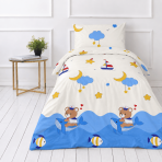 Premium Sateen Bedding Set "Sailor“. Bedding sets 135x200, 140x200 cm. Light bedding design with blue sailboats, clouds and yellow accents. Premium Sateen Bedding Set "Sailor“. Bedding sets 135x200, 140x200 cm. Light bedding design with blue sailboats, clouds and yellow accents.
