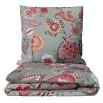 Sateen Bedding Set „Scarlet Garden“. Gray bedding sets, 140x200 cm, 150x200 cm, 160x200 cm, 180x200 cm, 200x200 cm, 200x220 cm. Grey bedding set with pink and red floral ornaments, perfect for a touch of elegance and color in your bedroom.