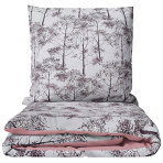 Sateen Bedding Set „Silent Grove“. Purple bedding, 140x200 cm, 150x200 cm, 160x200 cm, 180x200 cm, 200x200 cm, 200x220 cm. Bedding set with dark brown tree silhouettes on a light background.