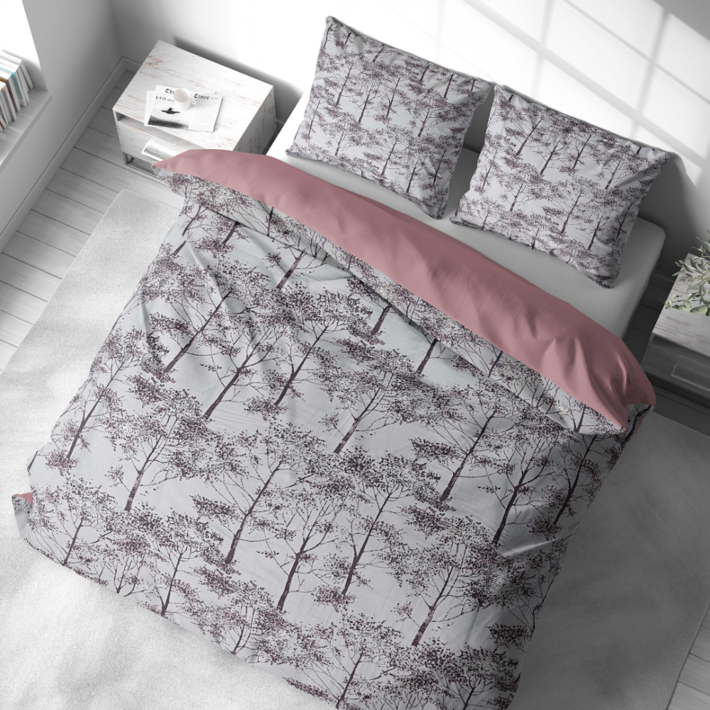Sateen Bedding Set „Silent Grove“. Purple bedding, 140x200 cm, 150x200 cm, 160x200 cm, 180x200 cm, 200x200 cm, 200x220 cm. Bedding in calm colors, suitable for a classic interior.