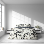 Sateen Bedding Set „Smoky Petals“. Bedding sets 155x200, 140x200 cm, 150x200 cm, 160x200 cm, 180x200 cm, 200x200 cm, 200x220 cm. Bedding set featuring artistic leaf motif on a white background.