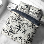 Sateen Bedding Set „Smoky Petals“. Bedding sets 155x200, 140x200 cm, 150x200 cm, 160x200 cm, 180x200 cm, 200x200 cm, 200x220 cm. Modern bedding set with gray and black botanical print.