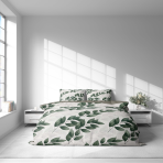 Sateen Bedding Set „Viridelle“. Bedding sets 155x200, 140x200 cm, 150x200 cm, 160x200 cm, 180x200 cm, 200x200 cm, 200x220 cm. Light background bedding set with leaf motif