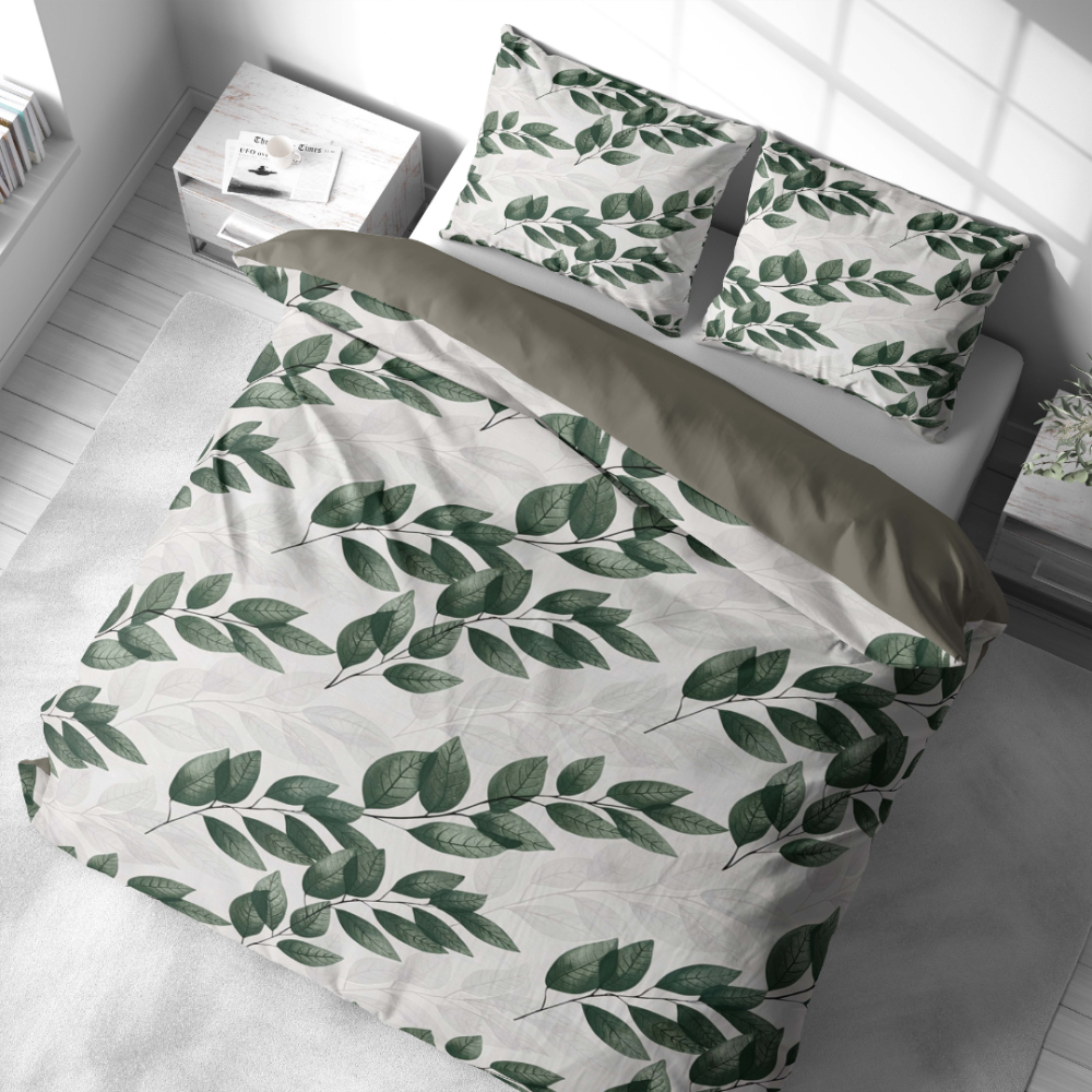 Sateen Bedding Set „Viridelle“. Bedding sets 155x200, 140x200 cm, 150x200 cm, 160x200 cm, 180x200 cm, 200x200 cm, 200x220 cm. Soft base with rich green leaves