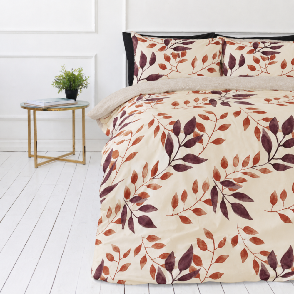 Sateen Bedding Set „Terracotta“. Beige bedding sets, 140x200 cm, 200x200 cm, 200x220 cm. Cotton satin bedding set with an autumn leaf pattern
