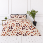 Sateen Bedding Set „Terracotta“. Beige bedding sets, 140x200 cm, 200x200 cm, 200x220 cm. Botanical cotton satin bedding with warm leaf colors