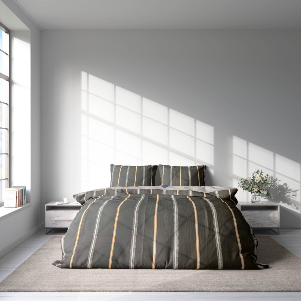 Sateen Bedding Set „Tones“. Bedding sets 155x200, 140x200 cm, 200x200 cm, 200x220 cm. Modern dark grey bedding set featuring stylish vertical lines in a palette of grey, white, and orange