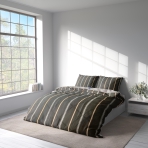 Sateen Bedding Set „Tones“. Bedding sets 155x200, 140x200 cm, 200x200 cm, 200x220 cm. Elegant dark grey bedding with vertical lines, accented in shades of grey, white, and subtle orange