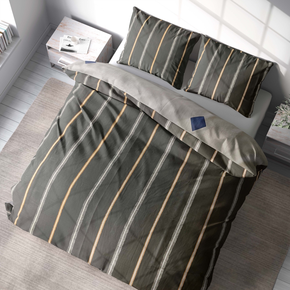 Sateen Bedding Set „Tones“. Bedding sets 155x200, 140x200 cm, 200x200 cm, 200x220 cm. Contemporary bedding in dark grey, showcasing chic vertical lines in grey, white, and hints of orange