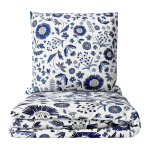Sateen Bedding Set „Skyward“. Bedding sets with plants, 200x200 cm, 200x220 cm. White bedding adorned with vibrant blue flowers, branches, and petals for a refreshing botanical touch