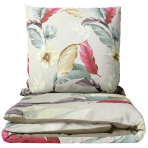 Sateen Bedding Set „Tropical Muse“. Beige bedding sets, 140x200 cm, 150x200 cm, 160x200 cm, 180x200 cm, 200x200 cm, 200x220 cm. Soft pink bedding set with floral and leaf pattern.