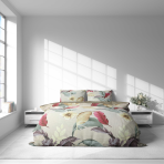 Sateen Bedding Set „Tropical Muse“. Beige bedding sets, 140x200 cm, 150x200 cm, 160x200 cm, 180x200 cm, 200x200 cm, 200x220 cm. Light bedding set with pink, green, and yellow leaves.