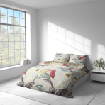 Sateen Bedding Set „Tropical Muse“. Beige bedding sets, 140x200 cm, 150x200 cm, 160x200 cm, 180x200 cm, 200x200 cm, 200x220 cm. Pastel-colored bedding set with tropical design.