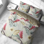 Sateen Bedding Set „Tropical Muse“. Beige bedding sets, 140x200 cm, 150x200 cm, 160x200 cm, 180x200 cm, 200x200 cm, 200x220 cm. Romantic bedding set featuring large floral and feather motifs.
