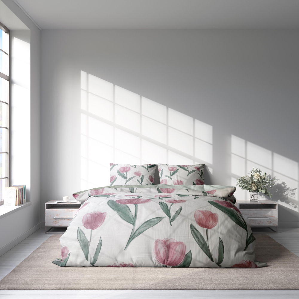 Sateen Bedding Set „Tuliplace“. Bedding sets with plants, 140x200 cm