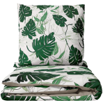 Sateen Bedding Set „Urban Jungle“. Mako cotton sateen bedding, 140x200 cm, 200x200 cm, 200x220 cm. Bedding set with bold green monstera leaf print.
