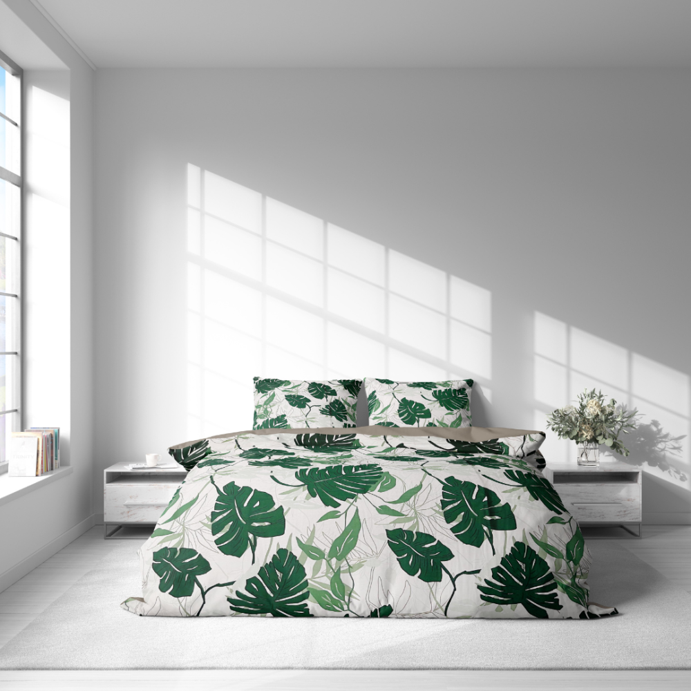 Sateen Bedding Set „Urban Jungle“. Mako cotton sateen bedding, 140x200 cm, 200x200 cm, 200x220 cm. Green leafy bedding suitable for modern interiors.