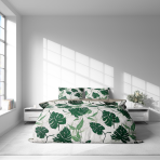Sateen Bedding Set „Urban Jungle“. Mako cotton sateen bedding, 140x200 cm, 200x200 cm, 200x220 cm. Green leafy bedding suitable for modern interiors.