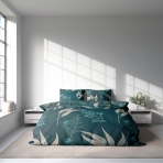 Bedding Set „Verdure“. Bedding sets with plants, 140x200 cm, 200x200 cm, 200x220 cm. Elegant dark green bedding set decorated with beautiful floral patterns, perfect for creating a serene and stylish bedroom atmosphere.