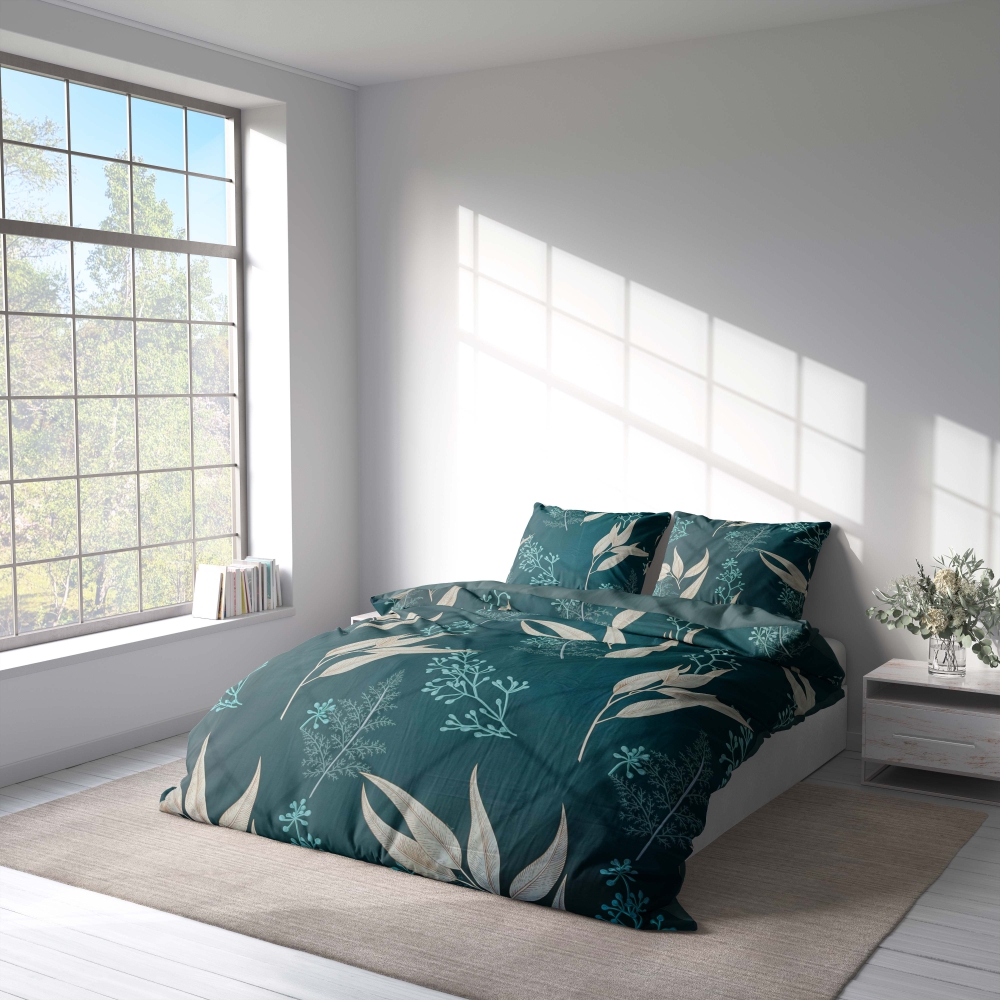Bedding Set „Verdure“. Bedding sets with plants, 140x200 cm, 200x200 cm, 200x220 cm. Transform your bedroom with this dark green bedding set featuring intricate floral designs, combining elegance and natural charm.