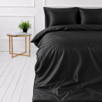 Silk bedding set „Onyx Silk“. Bedding sets, 200x200 cm, 200x220 cm. Luxurious black silk bedding set featuring deep sheen and soft folds. Silk bedding set „Onyx Silk“. Bedding sets, 200x200 cm, 200x220 cm. Luxurious black silk bedding set featuring deep sheen and soft folds.