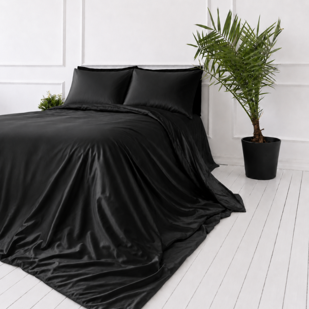 Silk bedding set „Onyx Silk“. Bedding sets, 200x200 cm, 200x220 cm. Minimalist black satin bedding set radiating luxury and delicate silk texture. Silk bedding set „Onyx Silk“. Bedding sets, 200x200 cm, 200x220 cm. Minimalist black satin bedding set radiating luxury and delicate silk texture.