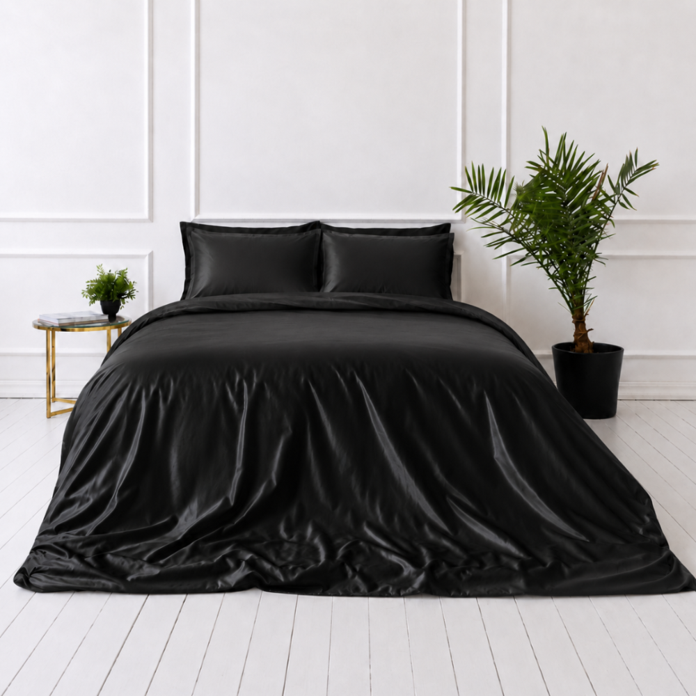 Silk bedding set „Onyx Silk“. Bedding sets, 200x200 cm, 200x220 cm. Elegant black silk bedding set with rich gloss and smooth surface. Silk bedding set „Onyx Silk“. Bedding sets, 200x200 cm, 200x220 cm. Elegant black silk bedding set with rich gloss and smooth surface.