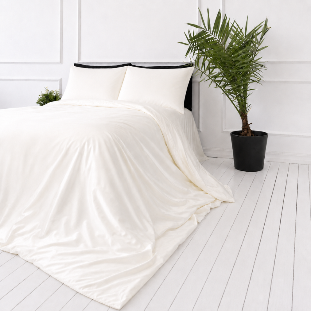 Silk bedding set „Pearl White Silk“. Bedding sets, 200x200 cm, 200x220 cm. Elegant creamy bedding set with silky sheen. Silk bedding set „Pearl White Silk“. Bedding sets, 200x200 cm, 200x220 cm. Elegant creamy bedding set with silky sheen.