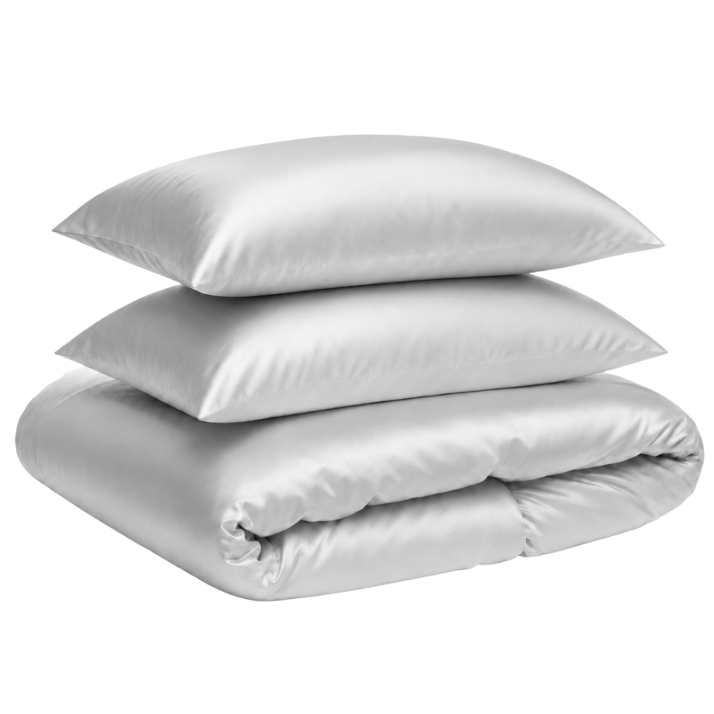 Silk bedding set „Platinum Silk“. Bedding sets, 200x200 cm, 200x220 cm. Silver silk bedding set with a glossy surface Silk bedding set „Platinum Silk“. Bedding sets, 200x200 cm, 200x220 cm. Silver silk bedding set with a glossy surface