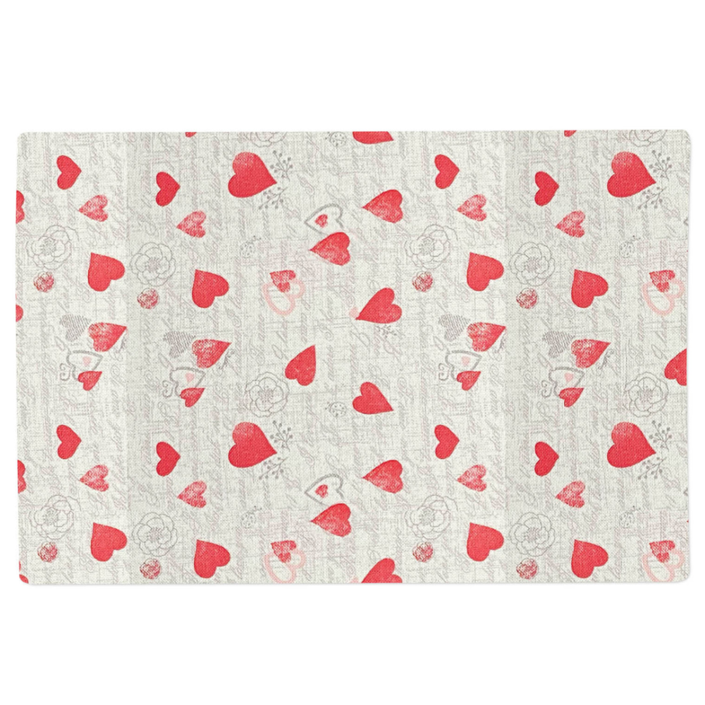 Table placemat “Hearts placemat” 1 pc.. Linen tablecloths, 30x45 cm. Table mat with red heart and floral motifs on a light background.